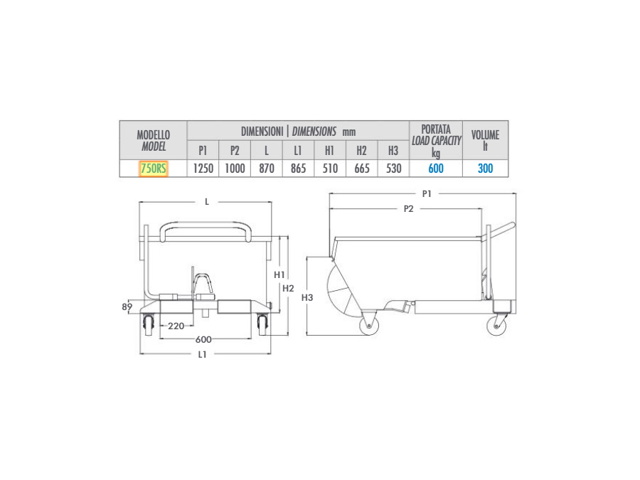 Contenitore ribaltabile "pertutto" per elevatore elettrico timonato 750rs - 300 lt