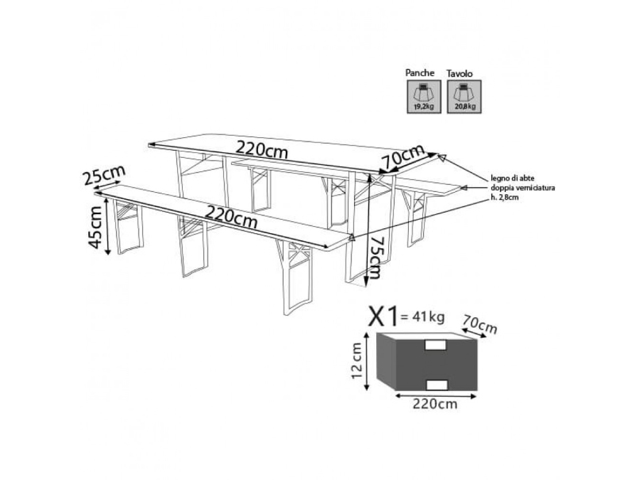 Set birreria pieghevole cosma, 220x70 cm, con panca a 3 gambe