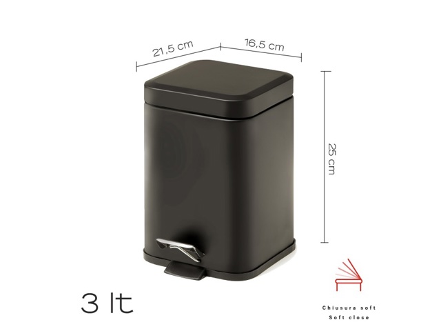 Argenta, portarifiuti quadrato 3lt nero matt