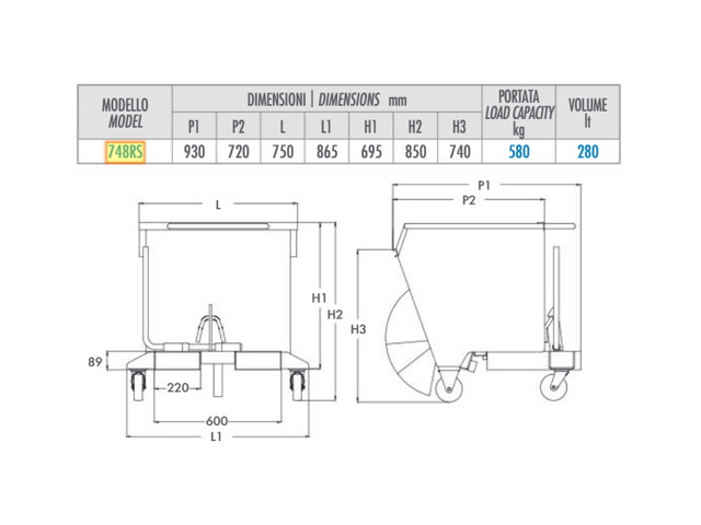 Contenitore ribaltabile "pertutto" per elevatore elettrico timonato 748rs - 280 lt